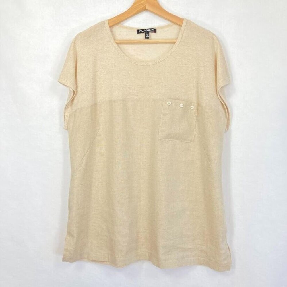 Picadilly Made In Canada Linen Blend Short Sleeve Blouse Coastal Boho L